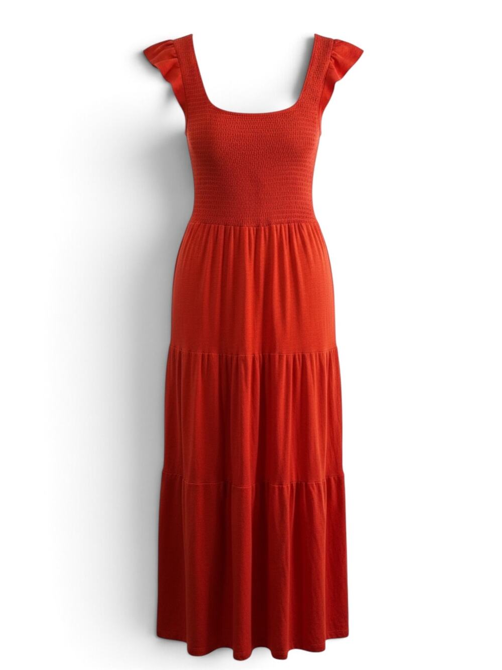 Lucky Brand Red Slub Flutter Sleeve Smocked Tiered Maxi Dress